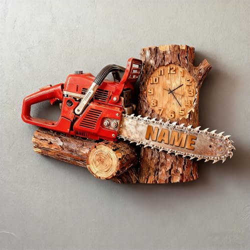Personalized chainsaw-themed clock with name engraving for wall, 2D lumberjack wall art for home, bedroom, living room, Christmas and birthday gift for men, dad