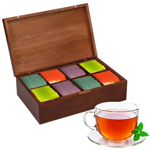 31 * 19.5 * 9.5cm Teebeutel Aufbewahrungsbox Holz, Teebeutelhalter mit 8 Fächern Teebox Organizer Holz für Arbeitsplatte Teebeutel Behälter, Teebox Teekiste für Teebeutel, Kaffee, Gewürze (B)