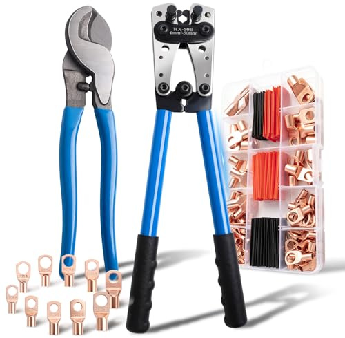 YYSWSAKY Crimpzange Kabelschuhe Set mit Kabelschere, HX50B Batteriekabelschuh Crimpzange Groß 6/10/16/25/35/50 mm², Rohrkabelschuh Zange mit 80 Schrumpfschläuche, 80 SC Kupferringklemmen in 10 Größen