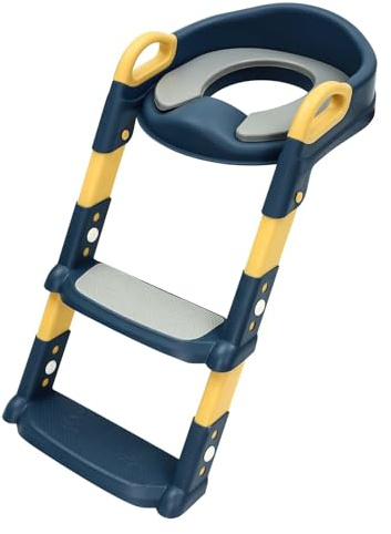 Sedile WC per bambini con scala, 6 livelli di altezza regolabile, pieghevole, con cuscino in PU rimovibile, antiscivolo, adatto per wc V/U/O, colore: blu