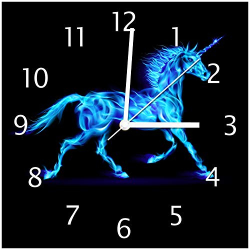 Wallario Design-Wanduhr Design Einhorn - aus blauen Flammen aus Glas, Motiv-Uhr Größe 30 x 30 cm, weiße Zeiger