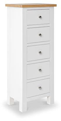 RoselandFurniture Farrow White Tallboy Chest of Drawers for Bedroom Slim 5 Drawer Cabinet Fully Assembled Contemporary Tall Painted Solid Wood Narrow Storage Chest with Oak Top | 115 x 45cm