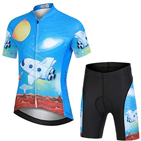 LPATTERN Kinder Radsport Bekleidung- Jungen/Mädchen Fahrrad Trikot-Set(Trikot Kurzarm+Kurz Radhose)/Radtrikot Kurzarm/Kurz Fahrradhose mit Sitzpolster,Blau Luftschiff (Anzug),122/128(Tag:M)