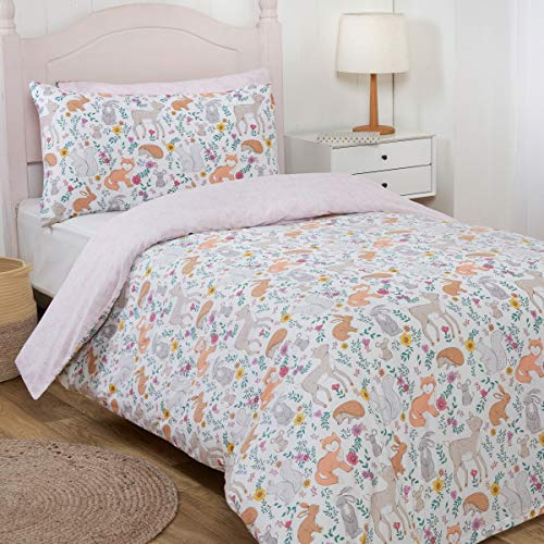 Sleepdown Enchanted Woodland Animals Multi Colour Floral Kids Children's Reversible Duvet Cover Quilt Bedding Set and Pillowcases-Two Designs Twin Pack-Double (200cm x 200cm), Polycotton, Multicolour