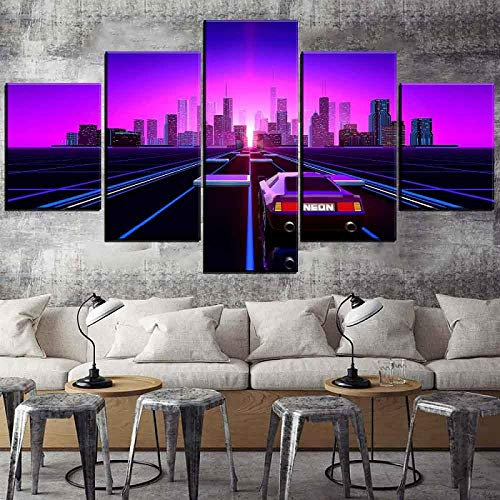 BAIOKAISHUII Modulare Bilder Wandkunst Stadt Neon Pink Retro Auto Welle Straße Leinwanddrucke Poster Home Decoration Kreative Malerei Wohnzimmer-Rahmenlos