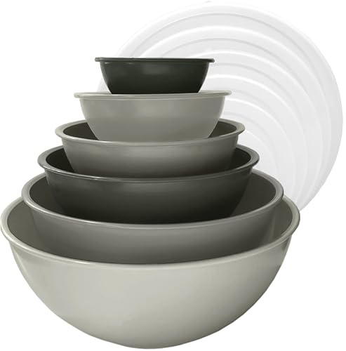 Edge Plastic Mixing Bowls 12 Piece Nesting Set 6 Prep Bowls and 6 Lids, for Baking, Cooking and Storing, Charcoal