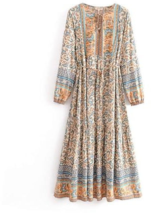 Boho Maxi Abito Manica Lunga Floreale Cotone Casual Estate Flare Etnico Zingaro Hippie Stile Boemia Donne Beige L