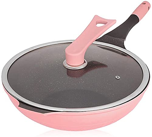 QIANMEI non stick pan frying pan Wok pan non stick|32cm Saute Pan with Standable Lid|Induction Compatible with gas stove induction cooker,pink