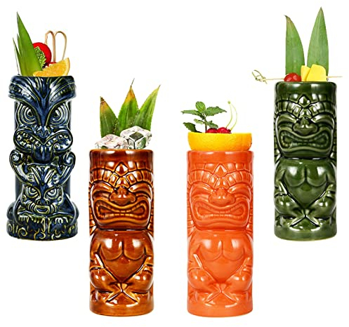 Tiki Becher -Tiki Mugs - Cocktail-Set, 4 Stück, Keramik, Cocktailbecher, Tiki-Tassen, hawaiianische Party, niedliche, exotische Cocktailgläser, hawaiianische Tiki-Tasse,Q3