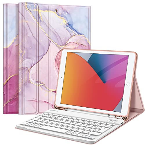 FINTIE Tastatur Hülle für iPad 10.2 Zoll (9/8/ 7 Generation - 2021/2020/2019), Schutzhülle mit TPU Rückschale, Pencil Halter und magnetisch Abnehmbarer Tastatur mit QWERTZ Layout, Marmor