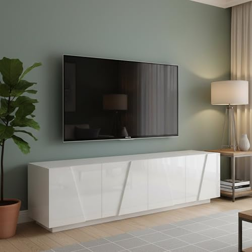 Dmora - Meuble TV Raul, Buffet bas de salon, Base pour meuble TV, 100% Made in Italy, 162x44h46 cm, Blanc brillant