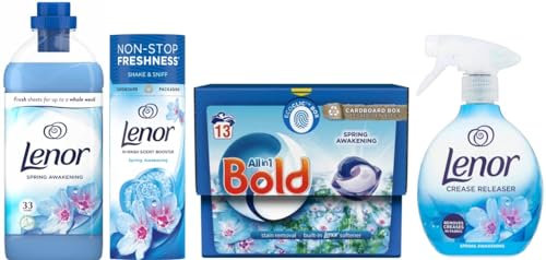Lenor Fabric Conditioner, 1.155L, 33w + Lenor in-Wash Scent Booster Beads, 176gr + Bold All-in 1 Pods Laundry Washing Capsules, 13w + Lenor Crease Releaser Spray, 500ml, Spring Awakening Bundle Scent