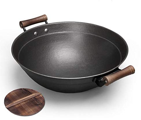 KDOQ Cast Iron Wok Pan Large Wok Old-fashioned Double-eared Round Bottom Wok Household Uncoated Wok Thickened Cast Iron Wok,PhotoColor-40CM