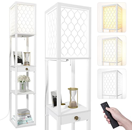 Jehiatek Floor Lamp with Shelves, E27 LED Bulb Tall Standing Light with Remote, Modern Reading Lamp with a Drawer Storage, for Bedroom, Living Room, Office, 160cm, White