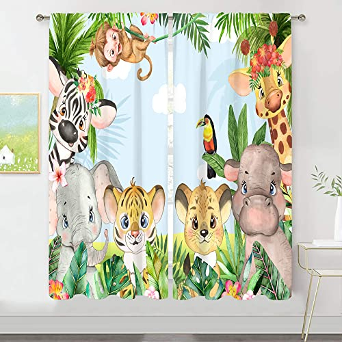 MESHELLY Kinder-Vorhänge, Safari-Tiere, 107x160 cm, Stangentasche, Wald, Dschungel, Löwe, Elefant, für Baby, Jungen, Schlafzimmer, Kinderzimmer, Mädchen, Spielzimmer, Stoff, 2 Paneele