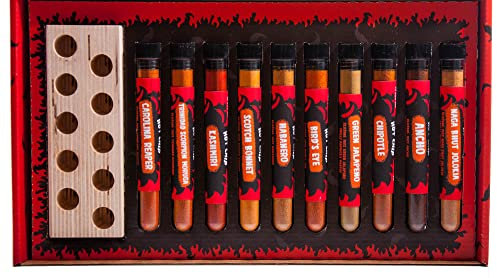 HOT CHIP Chili Geschenkbox mit Holzständer – 10 x Chilipulver à 10 g – Carolina Reaper, Moruga, Habanero & mehr – Scharfe Gewürz-Box für Küche, BBQ & als Geschenk