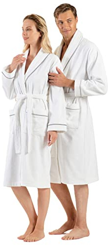 English Home 100% Türkische Baumwolle Frottee Bademantel mit Paspel, saugfähiger Schalkragen Unisex Frotteemantel, Bademantel für Frauen Männer für Dusche Spa Hotel, Premium