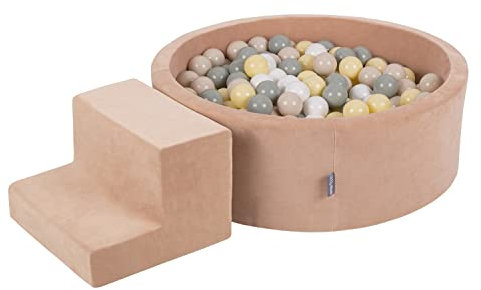 KiddyMoon Parque Terciopelo Infantil De Espuma con Rodondo Piscina De Bolas (200 Bolas) para Niños, Rosa del Desierto:Beigepas/Grisverdos/Amaripas/Blan