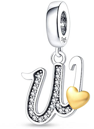 Pandach Damen Charm Anhänger W mit Herz 925 Sterling Silber Charms Beads passend für Armband und Halskette, Kompatibel mit Europäischen Armbändern für Frauen Mädchen
