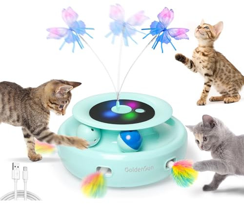 GoldenSun 3-In-1 Interactive Cat Toys for Indoor Cats Adult, Smart Cat Feather Toys, Rechargeable Power Toys Balls & Handmade Butterfly Cat Toy, Teaser with 6 Attachments