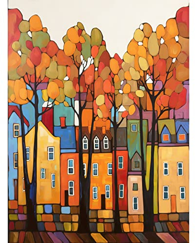 Artery8 Multicoloured House Street In Autumn Contemporary Folk Art Painting Art Print Canvas Premium Wall Decor Poster Mural