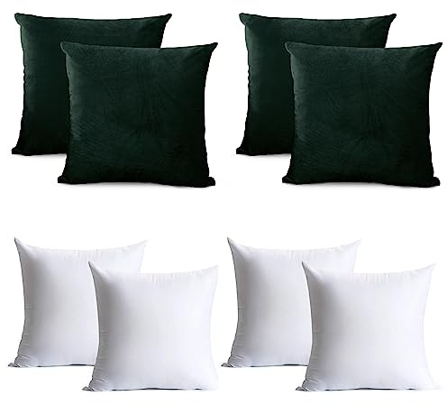 Oxford Homeware Velvet Cushion Covers 45cm x 45cm (Pack of 4) Dark Green Cushions with Covers Included – Decorative Cushions for Living Room Sofa Bedroom with Invisible Zipper, 18 x 18 Inches
