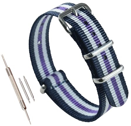 MZBUTIQ 14mm Blau/Weiß/Lila Nylon Strap Uhrenarmband Watch Belt für Herren Damen Extra Lang Polished Schnalle