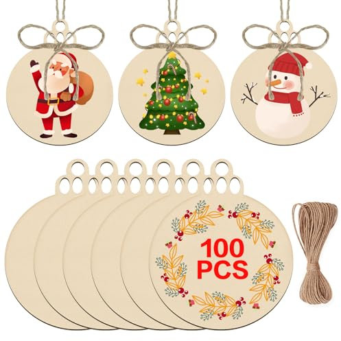 changshengda 100 Pcs Wooden Christmas Decorations - DIY Natural Wood Slices with 100 Pieces Strings for New Year Christmas Tree Holiday Ornaments