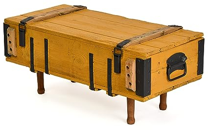 Gelb Handmade Couchtisch, Truhentisch, Rustikaler Beistelltisch aus Massivholz, Antiker Ausziehbarer Tisch mit Stauraum und Deckel, Kaffeetisch