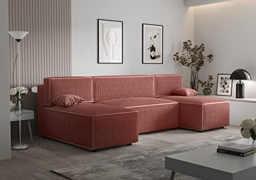 3E 3xE living.com Canapé d'angle Alvito U, Couleur : Rose. Matériel : Velours côtelé. D : Largeur : 290 cm, Hauteur : 85 cm, Otutumana Profondeur : 105 cm, Canape d'angle Convertible