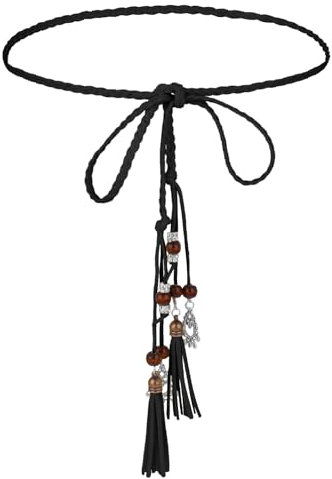 simarro Geflochtener Gürtel für Frauen, handgewebter dünner Taillengürtel Boho Gürtel Lady Tassel Waistband Kleid Geflochtener Gürtel Verstellbare schlanke Taillenkette für Rock Kleid (Schwarz)