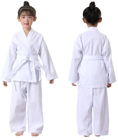 FIGHTSPIRIT Uniforme da karate per bambini e adulti, leggera, per studenti, karate gi, arti marziali, con cintura bianca, bianco, 0