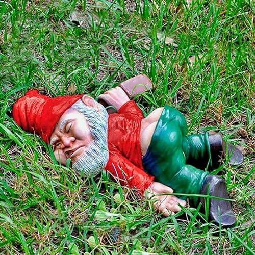 Gartenzwerge Figuren Gnom Ornament Kreative Betrunkene Gartenzwerge Lustig für Außen Harz Mini Stabilsten Gartenstatuen Rasen Dekoration (ROT)