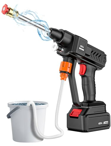Pulitore ad alta pressione senza fili 48 V, portatile, ad alta pressione con batteria e caricabatterie, 30 bar, 2 ugelli, 5 m tubo per la pulizia di terrazza, giardino, auto