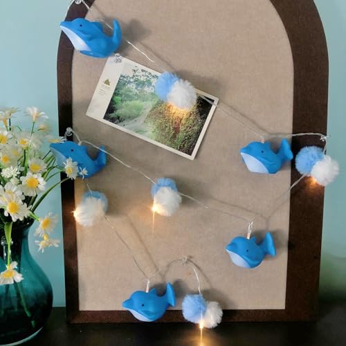 Riaxuebiy 1.65M 10er LED Delfin Pompons Lichterkette mit Ozean Tier Delfin Kinderzimmer Batteriebetrieb Lichterkette Delfin Nachtlicht (Flaschen Nase Delfin)
