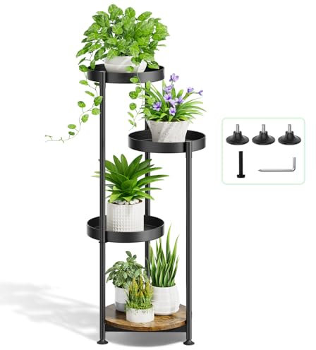 KAZITOO 4 Tier Metal Plant Stand Pot Stand Indoor Outdoor, Corner Plant Holder Flower Shelf for Multiple Plants, Modern Plant Display Rack with Wooden Plate for Garden Balcony Patio,Round-Black