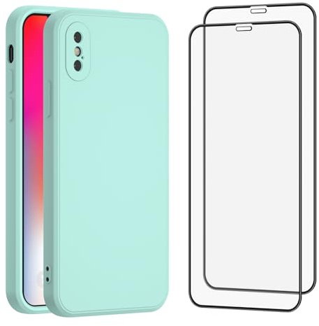 Amzpas Coque pour iPhone X/XS avec 2 Verre Trempé écran Protecteur, Coque en Silicone de Protection Antichoc pour iPhone X/XS, Mint
