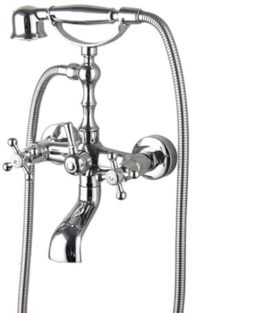 Robinet De Baignoire Mitigeur De Baignoire Style Rétro Antique Double Poignée Laiton Robinet Bain Douche Mural Avec Douchette Et Flexible 1,5m, Mitigeur De Bain, Chromé