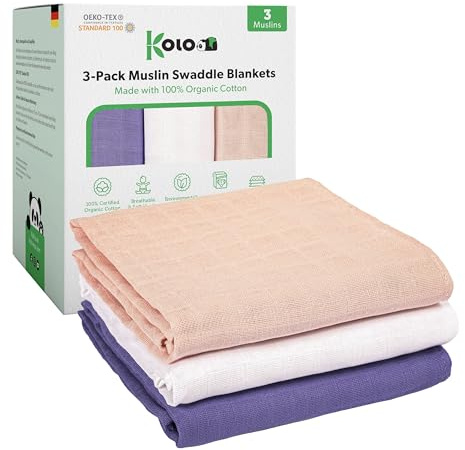 Kolo Mulltücher für Babys, 3er-Set, 70x70 cm, weich, saugfähig, Baumwolle Oeko-TEX® Standard 100, Rosa/violett/weiß