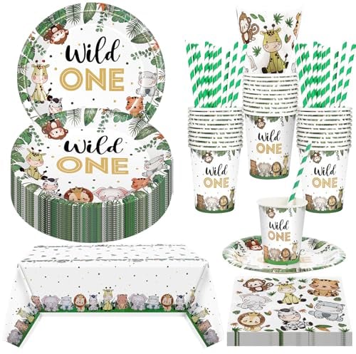 51Pcs Jungle Safari Wild Theme Party Tableware Decorations for Kids Birthday,Green Party Tableware with Animal Jungle Table Cloth,7inch Paper Plates,Paper Napkins for Kids Jungle Safari Party Favor