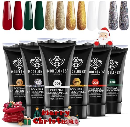 Modelones Poly Gel Set mit 6 Farben Rot Grün Weiß Glitzer Weihnachten Gel Nägel Selber Set Quick Extension für Nail Art Nageldesign