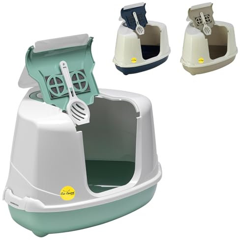 CAT CENTRE Green Large Corner Cat Flip Litter Tray Hooded Box Toilet +Scoop +Charcoal Filter Extra Deep Anti-Spillage Easy Cleaning Access Durable Flap Door Enclosed Kittens Detachable Safe Loo Den