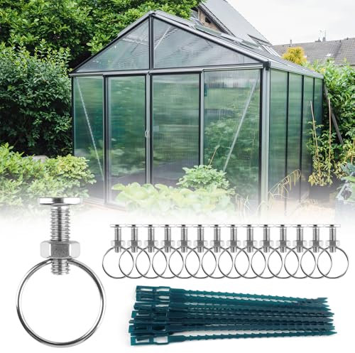Greenhouse Bolts and Rings,15 Pack Aluminium Cropped Head Greenhouse Bolts & Nuts with Reusable Plant Ties, Greenhouse Accessories - for Climbing Plants, Building Repairing Greenhouse