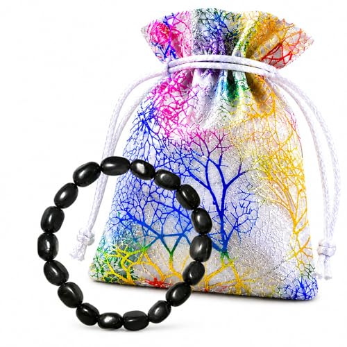 Schungit Armband Karelien SCHUTZANKER Schmuck für Damen. Schutzstein Armband elastisch Barock 6 x 8 mm für innere Ruhe, Balance, Meditation, positive Energie. Mit Beschreibung & Täschchen. 20029