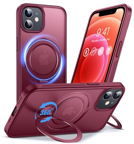 Anqrp 360° ALL-in-ONE Stand Case for iPhone 12/12 Pro Case with Rotatable Magnetic KickStand Ring Holder, Compatible with MagSafe, Shockproof Translucent Matte Phone Cover for iPhone 12/12 Pro, Red