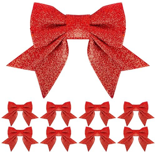YAAVAAW 8 Pack Glitter Red Christmas Bows Christmas Tree Bows 6 inch Wide, Red Bows for Christmas Tree Decorations Gift Wrapping Ornaments Xmas Wreath Bows Garland Crafting Decorations Bows Supplies