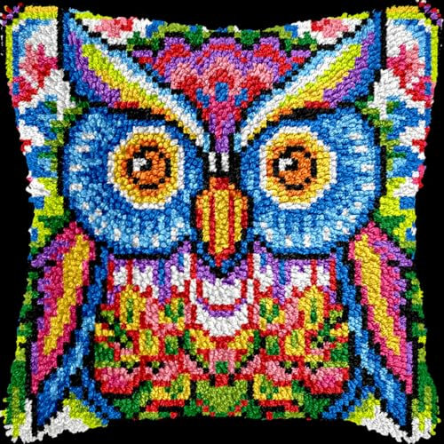 Diy Kit Crochet Principiantes Kits De Ganchillo Para Hacer Almohadones Con Gancho De Pestillo Y Diseño De Búhos De Colores, Kits Para Hacer Almohadones Con Gancho De Crochet Y Lienzo Con P 17x17in