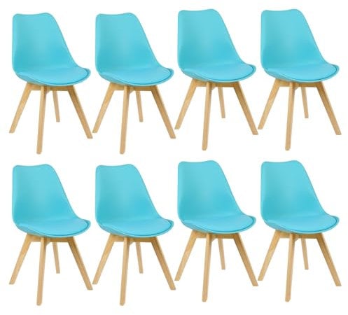 WOLTU Esszimmerstühle 8er Set, Skandinavische Küchenstühle Retro Design, Sitzfläche aus Kunstleder, mit Massivholz Beinen, bis 150 kg belastbar, Blau
