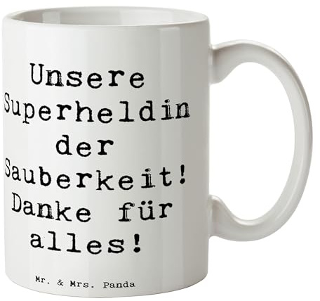 Mr. & Mrs. Panda Tasse Spruch Putzfrau Superheldin - Geschenk, Sauberkeit, Dankbarkeit, Danke sagen, Aufmerksamkeit, liebevolle Gesten, Büro Tasse,