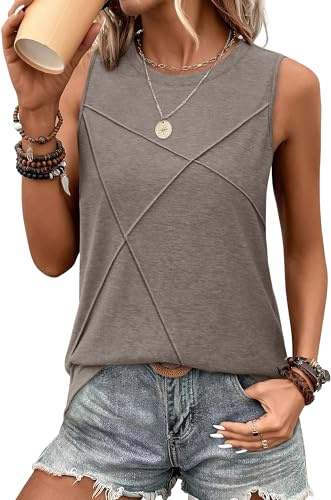 WIHOLL Tops for Women Trendy 2026 Summer Long Tank Tops for Leggings Fashion Spring Break Outfits Sleeveless Shirts Crewneck Loose Fit Coffee Grey M
